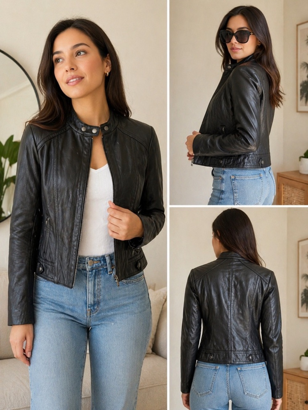Michael Kors Black Leather Moto Jacket Size S/P Zip Front